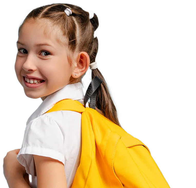 A young girl with a ponytail wearing a yellow backpack.